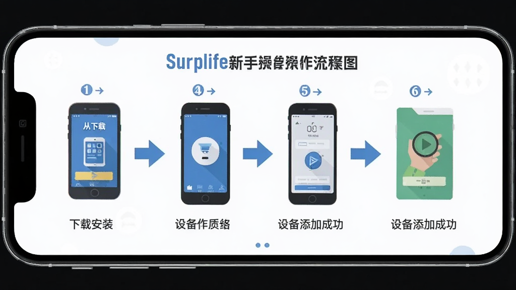 Surplife新手操作流程图,手机屏幕显示从下载安装到设备添加成功的步骤分解,布局为横向流程图,风格为扁平化教程风,细节有数字序号和箭头指引,画质清晰,干净,无多余元素
