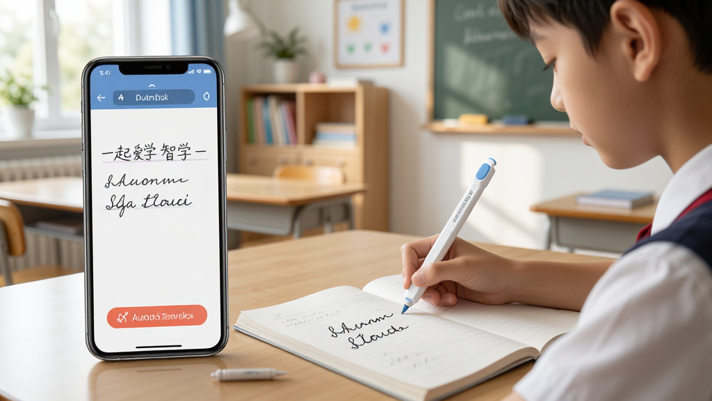 一起爱学智慧笔书写同步场景,画面中一名学生正在练习本上书写,旁边的手机屏幕同步显示出一模一样的笔迹和自动批改结果,背景是明亮的教室或书房,风格写实,细节丰富,画质清晰,无多余元素