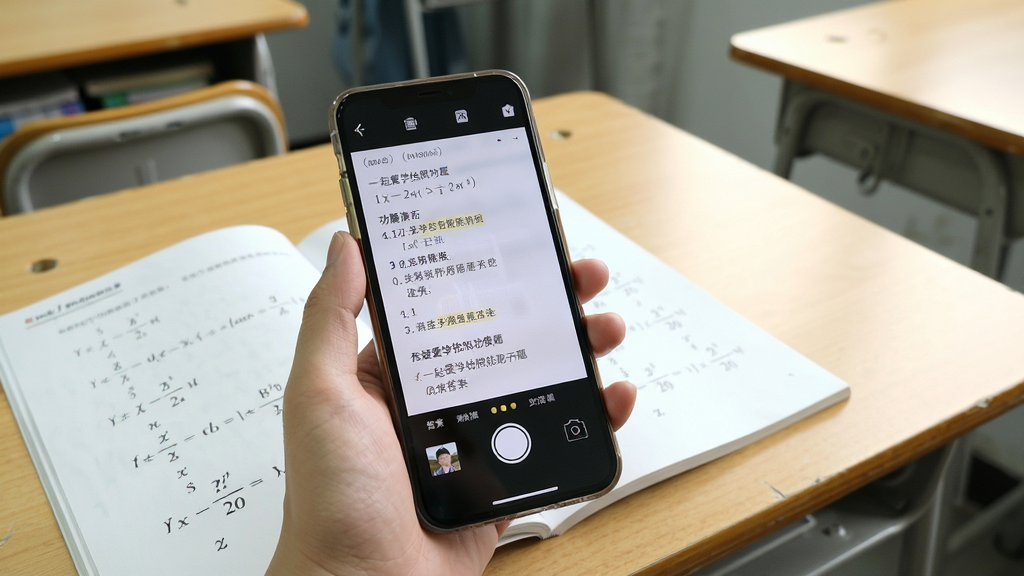 一起爱学拍照搜题功能演示,画面中一只手拿着手机对着练习册上的数学题拍照,手机屏幕立刻显示出解题步骤和答案,背景是课桌,风格简洁现代,画质清晰,无多余元素