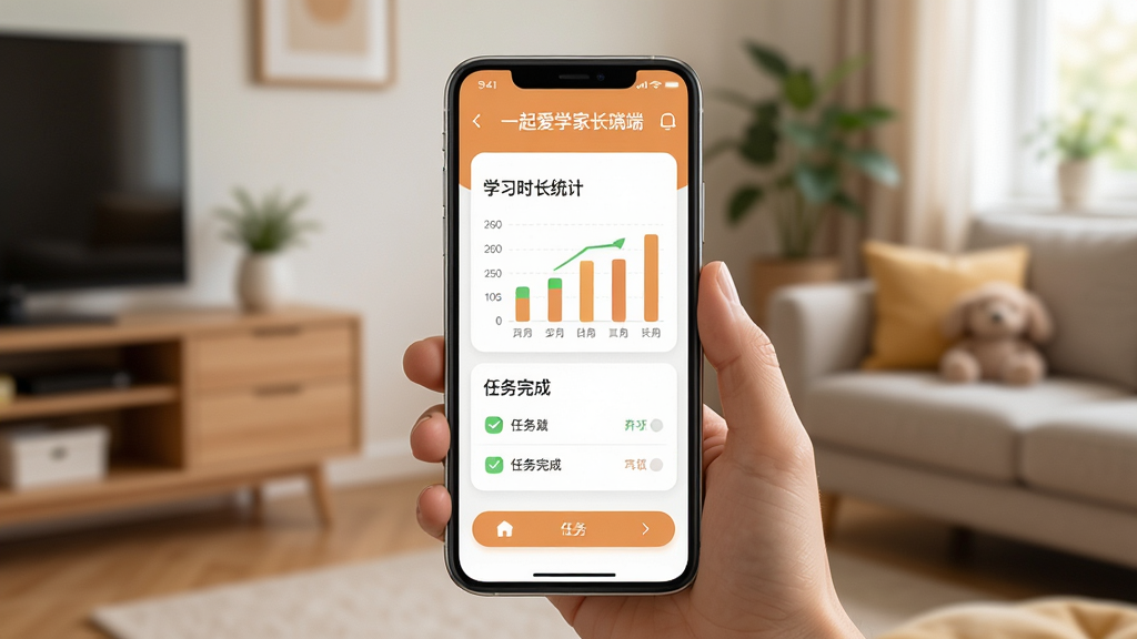 一起爱学家长端界面展示,手机屏幕上显示着孩子的学习时长统计和任务完成情况,界面配色温馨,布局清晰,背景是居家环境,风格生活化,画质清晰,无多余元素