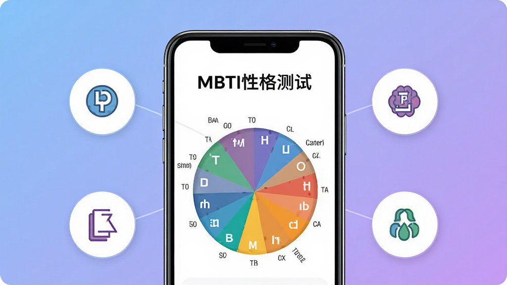 一幅展示MBTI性格测试手机应用界面的插画,画面中央是一部智能手机,屏幕上显示着