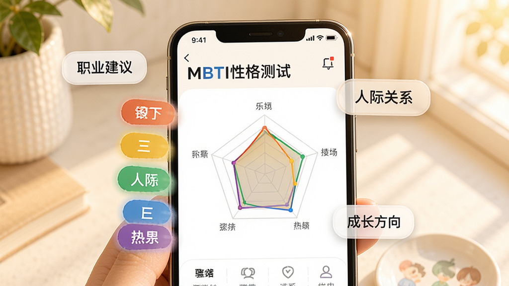 一幅展示MBTI性格测试结果报告页面的图片,手机屏幕中呈现彩色性格类型标签和雷达图,周围有
