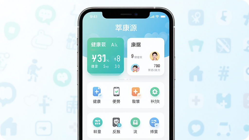 一张展示手机屏幕的图片,屏幕中显示萃康源应用的主界面,界面包含健康数据卡片和功能图标,背景为干净明亮的浅色渐变,布局居中,风格现代简约,细节清晰,画质高清干净无多余元素