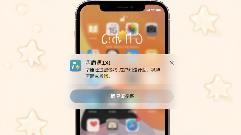 一张AI生成图片,主体为手机屏幕弹出萃康源提醒通知,布局为锁屏界面居中,排版显示提醒文字和图标,风格柔和温馨,细节有通知卡片和按钮,画质高清干净无多余元素