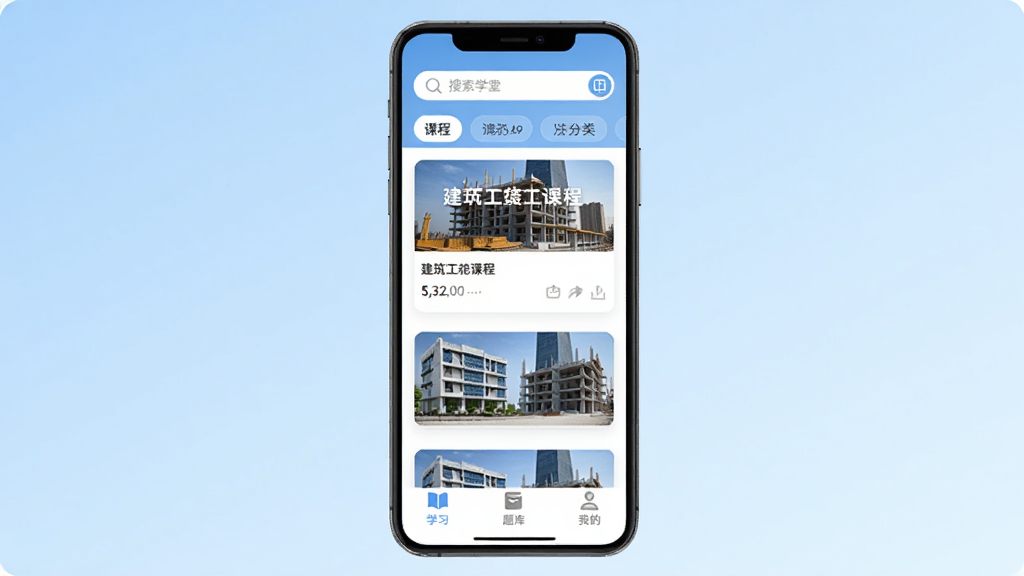 手机屏幕中央展示诚建学堂APP主界面,顶部为搜索栏与课程分类标签,中部为建筑工程课程卡片列表,底部为学习、题库、我的三个导航按钮,背景为浅蓝色渐变,画面干净整洁,UI风格扁平化,画质清晰,无多余元素