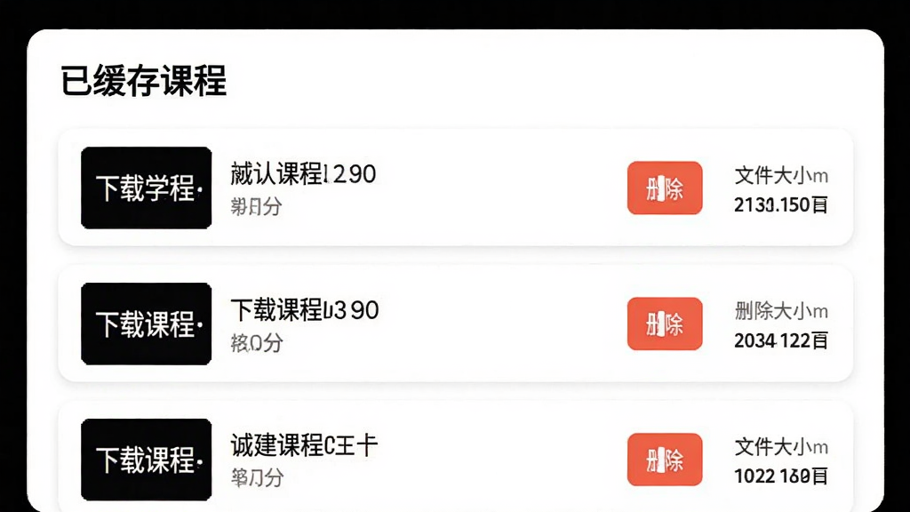 诚建学堂APP离线缓存管理页面,界面中显示多个已下载课程条目,每条右侧有删除按钮和文件大小标注,顶部有