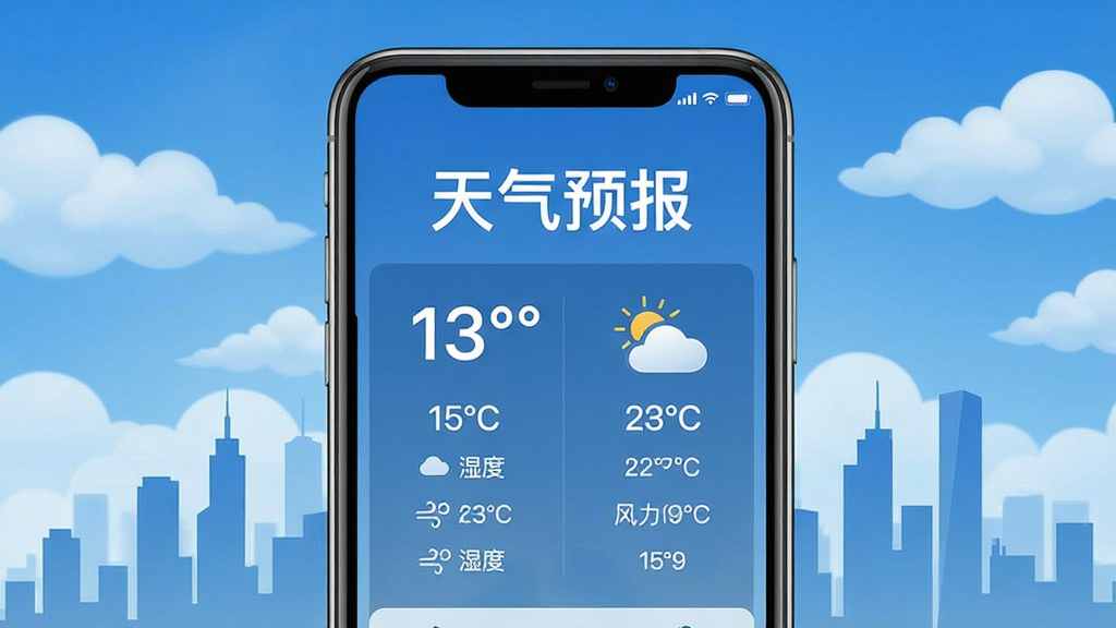 一张展示天气预报软件主界面的图片,画面中央是一个手机屏幕,屏幕上清晰显示着“天气预报”四个大字以及当前温度、天气图标、湿度、风力等数据,背景是蓝天白云和城市剪影,布局简洁明了,风格现代科技感,细节丰富,画质高清,干净无多余元素