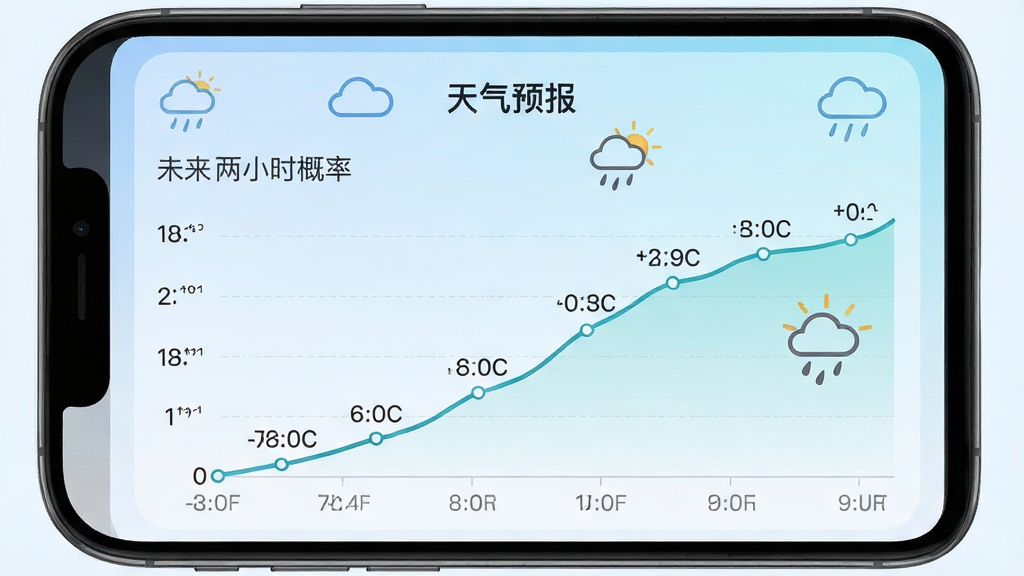一张展示天气预报软件中分钟级降水趋势图的图片,画面主体是一个手机屏幕,屏幕上显示着一条曲线图,标注着“天气预报”字样和未来两小时的降水概率,背景是淡蓝色渐变,风格简洁清新,细节清晰,画质高清,干净无多余元素