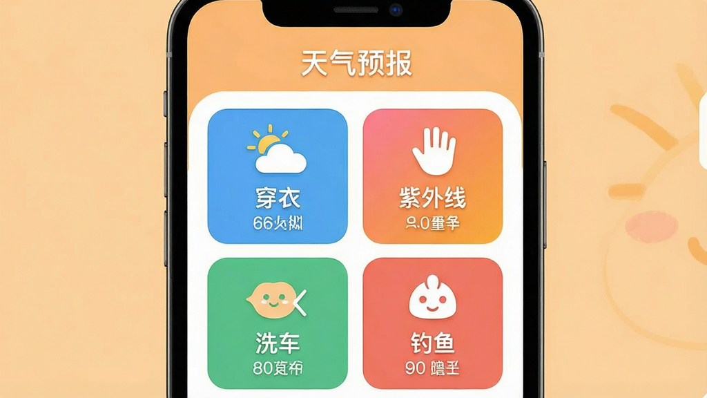 一张展示天气预报软件中生活指数页面的图片,画面主体是一个手机屏幕,屏幕上显示着“天气预报”以及穿衣、紫外线、洗车、钓鱼等多个彩色图标和对应的文字建议,背景是温馨的浅橙色,风格活泼友好,细节清晰,画质高清,干净无多余元素