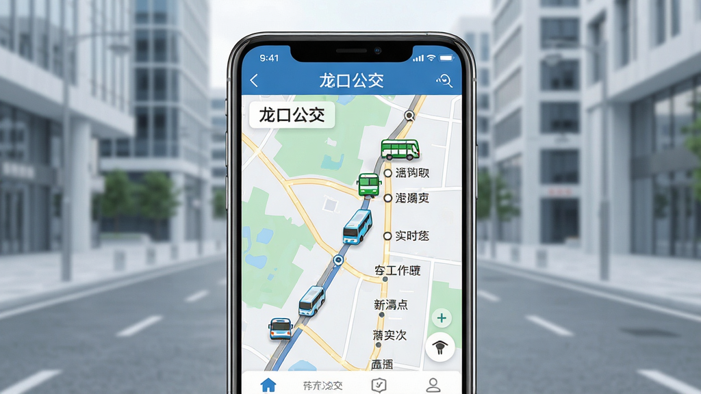 一张展示龙口公交手机应用主界面的详细图片,画面中央是一部智能手机,屏幕显示龙口公交APP的实时地图界面,地图上标注有移动的公交车图标和站点名称,背景是干净整洁的现代城市街道,风格为写实科技风,细节包括手机边框的反光、界面UI的文字清晰可见,画质高清,干净,无多余元素