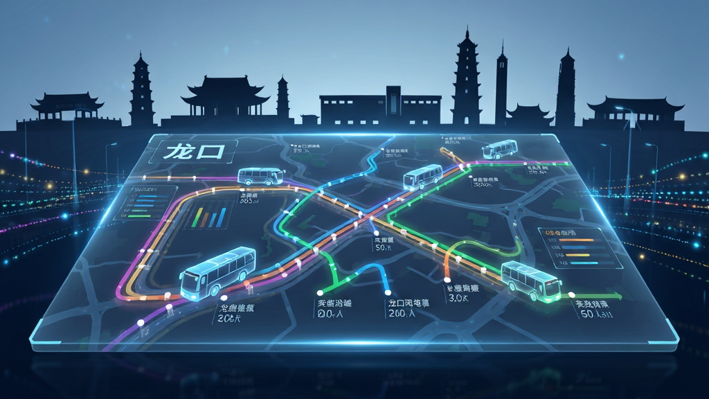 一张以龙口公交实时追踪功能为主题的AI生图,画面主体是一个悬浮在空中的半透明数字地图,地图上有多条彩色公交线路交织,几个发光的公交车图标正在线路上移动,背景是龙口市的地标建筑剪影,风格为未来科技感,细节包括数据流光效、站点名称标签,画质高清,干净,无多余元素