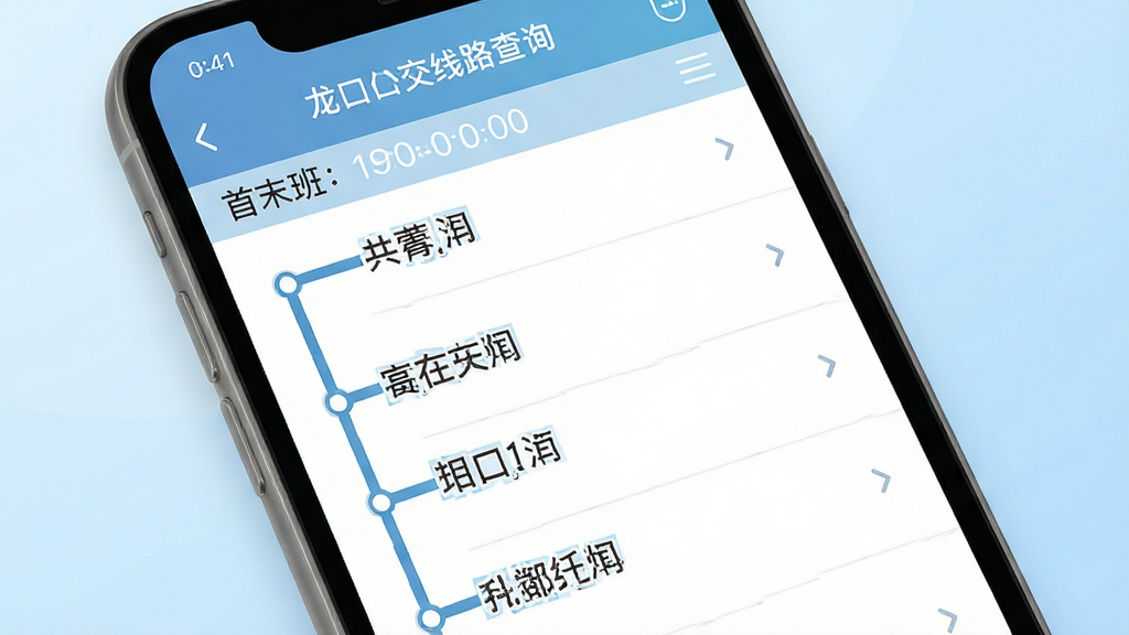 一张展示龙口公交线路查询界面的图片,画面中手机屏幕显示一条公交线路的详细站点列表,每个站点名称清晰排列,顶部有首末班时间,背景是柔和的浅蓝色渐变,风格为清新扁平化设计,细节包括手机UI的图标和文字排版,画质高清,干净,无多余元素