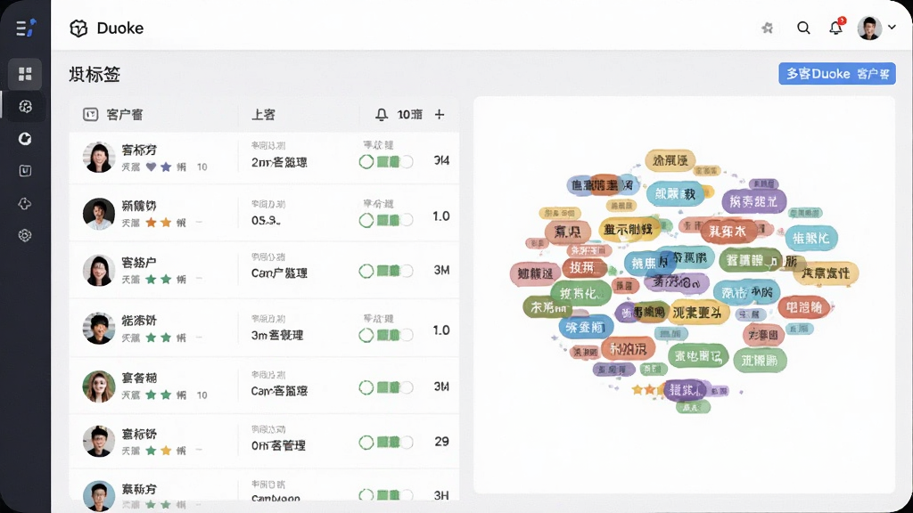 多客Duoke客户标签管理界面展示图,画面中显示客户列表与彩色标签云,标签颜色丰富但有序,布局清晰,风格现代简约,细节干净,无多余元素