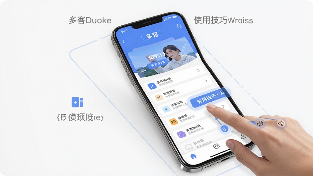 多客Duoke移动端使用技巧示意图,画面中展示手机屏幕上的多客界面与操作手势提示,布局简洁,风格清新,细节清晰,画质干净,无多余元素