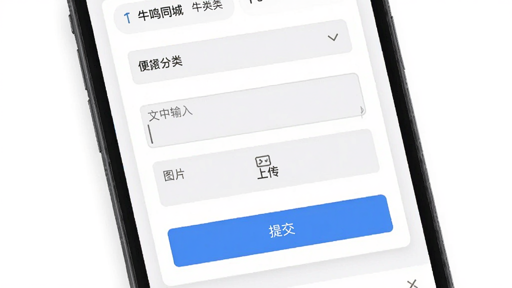 牛鸣同城 便民信息发布页面,主体为手机中的表单填写界面,布局为上下结构,排版包含分类选择、文字输入框、图片上传按钮,风格为简洁工具类UI,细节包含浅灰色输入框、蓝色提交按钮、白色卡片背景,画质清晰,干净,无多余元素
