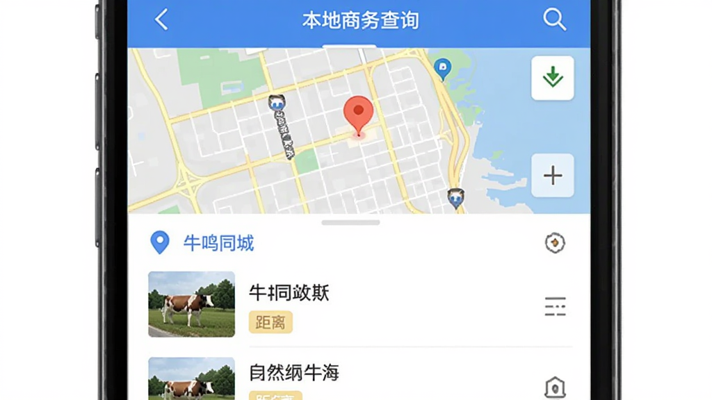 牛鸣同城 本地商户查询界面,主体为手机屏幕中的商户列表与地图标记,布局为上半部分地图下半部分列表,排版清晰,风格为生活服务类应用,细节包含定位图标、商户名称、距离标签,画质清晰,干净,无多余元素