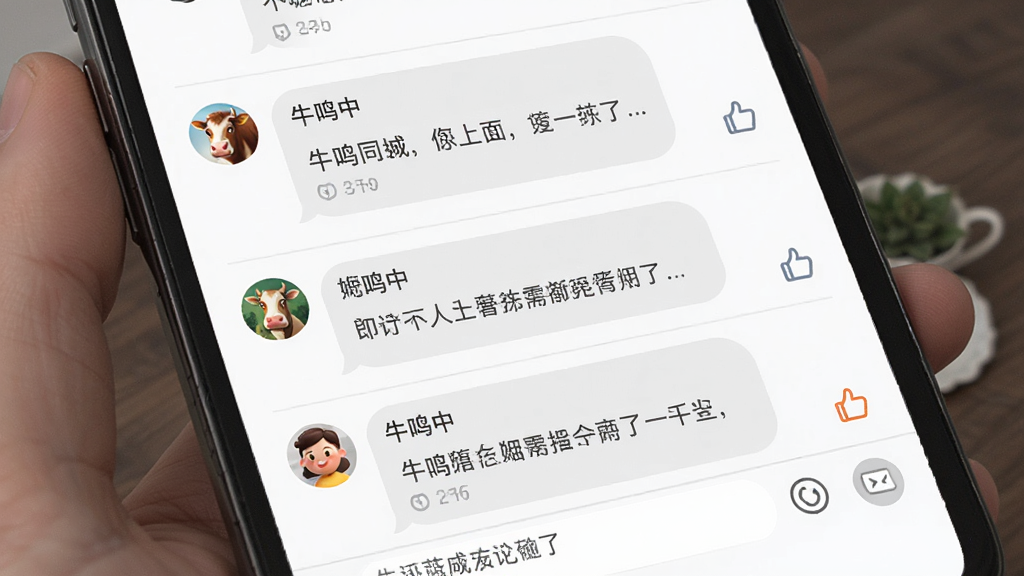 牛鸣同城 社区互动评论区,主体为手机屏幕中的评论列表与输入框,布局为纵向排列,排版包含用户头像、昵称、评论文字、点赞图标,风格为社交类界面,细节包含浅色分割线、圆角气泡,画质清晰,干净,无多余元素