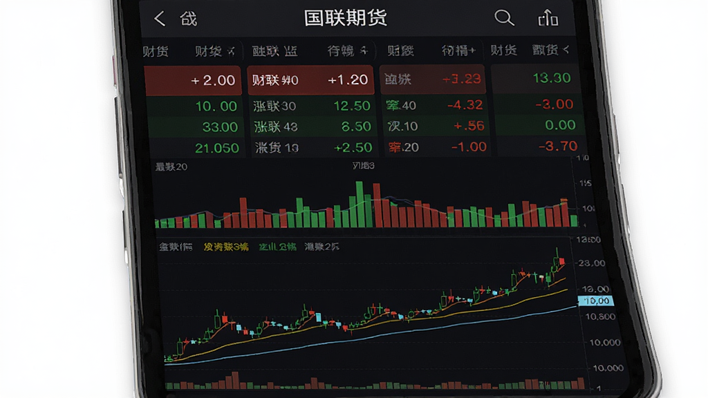 国联期货App实时行情页面生成图,主体为手机屏幕内展示多个期货品种的涨跌列表与分时走势图,布局采用上下分区上方为行情报价下方为K线指标,风格为专业金融数据界面,细节包含红绿涨跌色块、成交量柱状图、均线曲线,画质清晰干净无多余元素