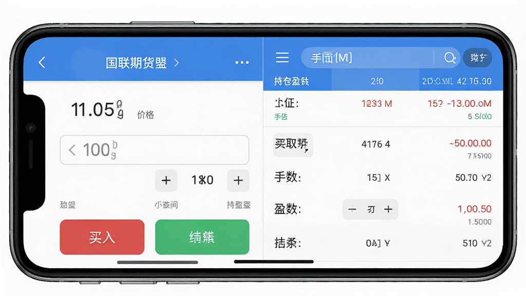 国联期货App交易下单界面生成图,主体为手机屏幕显示买入卖出操作面板与持仓盈亏数据,布局采用左右分栏左侧为下单参数右侧为持仓列表,风格为简洁交易终端,细节包含价格输入框、手数选择器、红色买入按钮与绿色卖出按钮,画质高清干净无多余元素