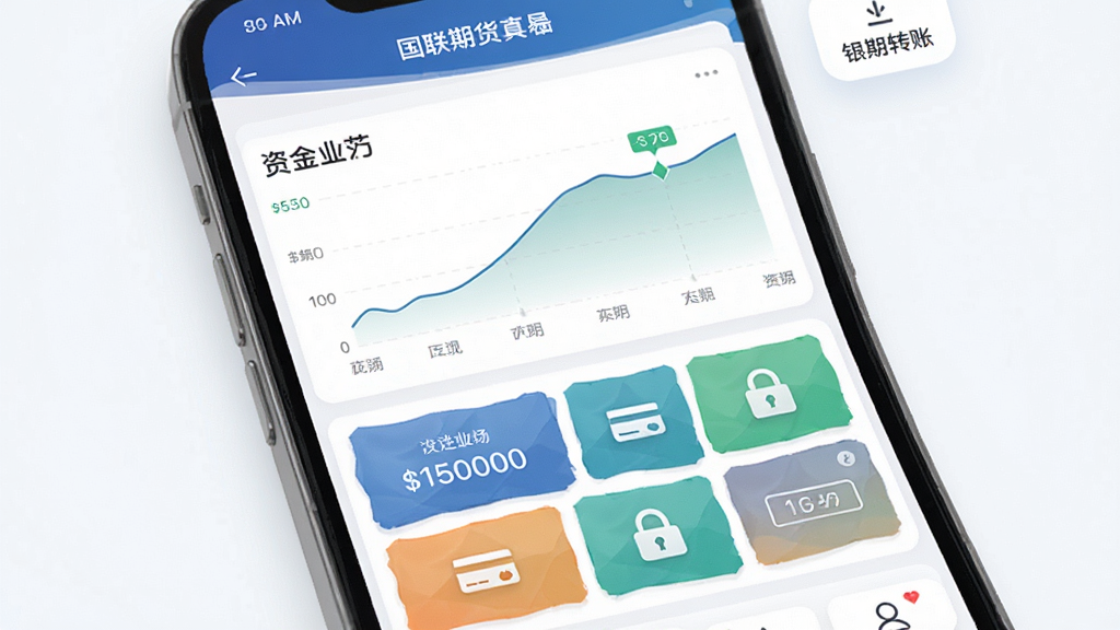 国联期货App账户管理页面生成图,主体为手机屏幕展示账户资产总览与银期转账入口,布局为上下结构上方为资金曲线下方为功能按钮网格,风格为个人金融管理界面,细节包含数字金额、银行卡图标、安全锁标识,画质高清干净无多余元素