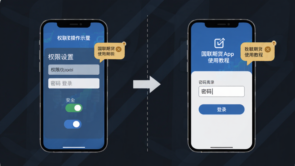 国联期货App使用教程示意图,主体为手机屏幕展示权限设置与登录界面,布局为左右分步操作指引,风格为扁平化教程插画,细节包含开关按钮、密码输入框、提示气泡,画质清晰干净无多余元素