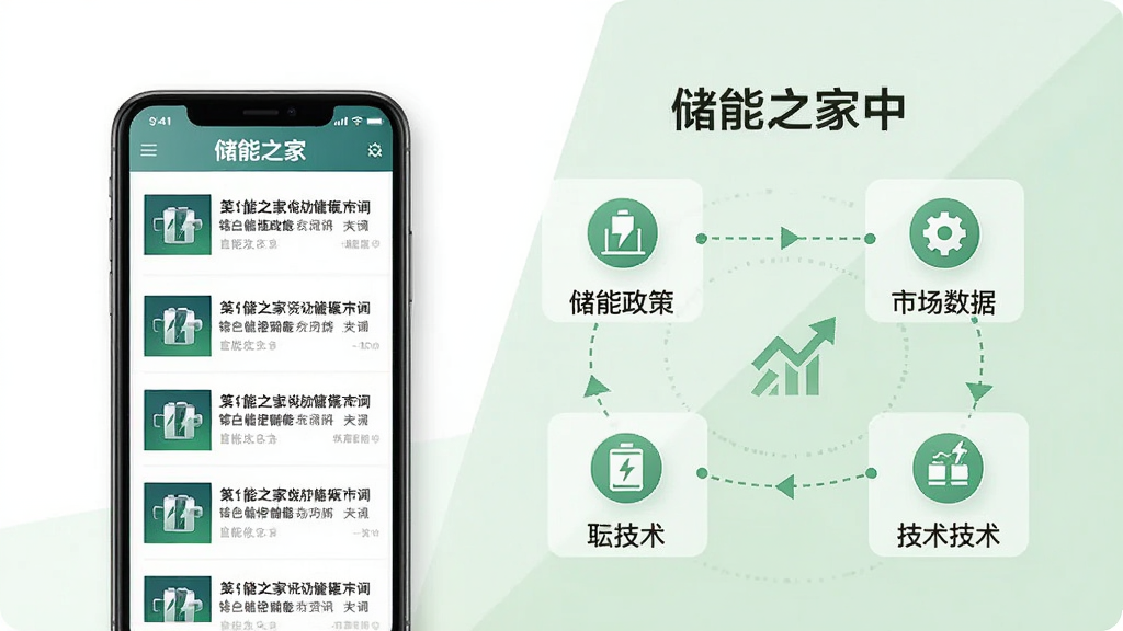 一张储能之家资讯页面的场景图,画面左侧为手机屏幕展示储能资讯列表,右侧以信息图形式呈现储能政策、市场数据和技术图标,背景为白色与淡绿色搭配,排版简洁有序,风格商务清新,画质清晰干净,图片中文字为储能之家