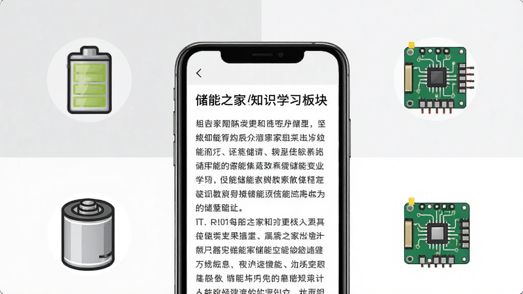 一张储能之家知识学习板块的图片,画面中央为手机屏幕展示储能知识文章页面,周围环绕电池、电芯、电路板等简洁图标,背景为浅灰色与白色搭配,排版干净整洁,风格教育清新,画质清晰干净,无多余元素