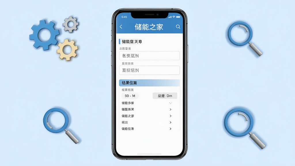 一张储能之家工具查询功能的图片,手机屏幕显示储能参数查询界面,包含输入框和结果展示区,背景为淡蓝色,周围点缀齿轮和放大镜图标,排版居中,风格简约实用,画质清晰干净,图片中文字为储能之家