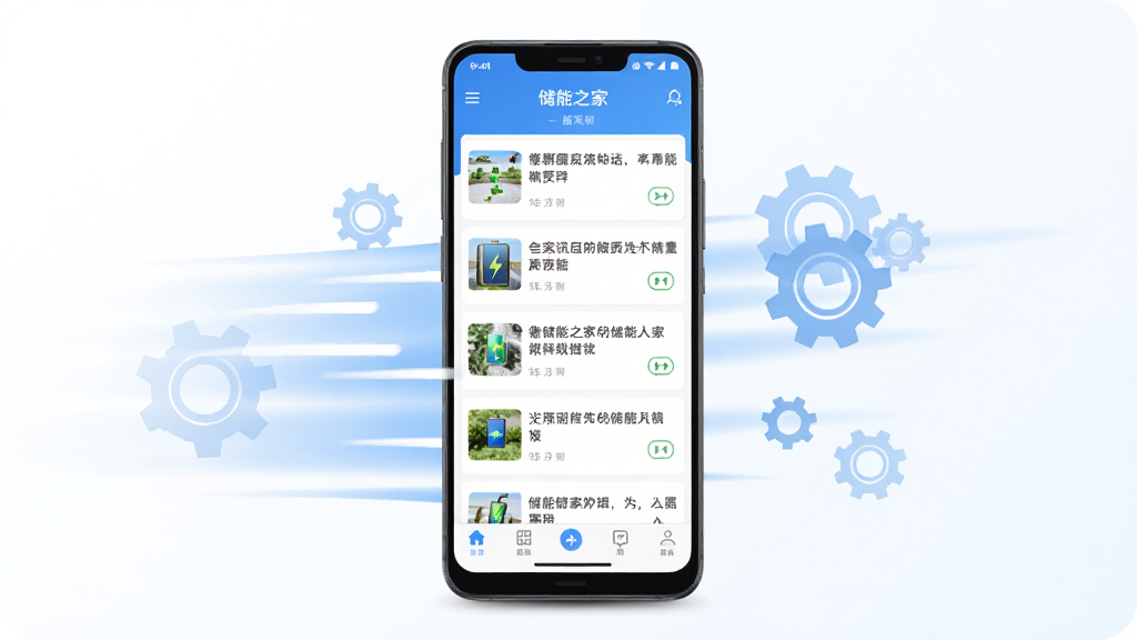 一部安卓手机展示储能之家应用运行流畅的界面,屏幕显示资讯列表和底部导航,手机周围有轻量化的速度线条和齿轮图标,背景为白色渐变,风格简洁明快,画质清晰干净,图片中文字为储能之家