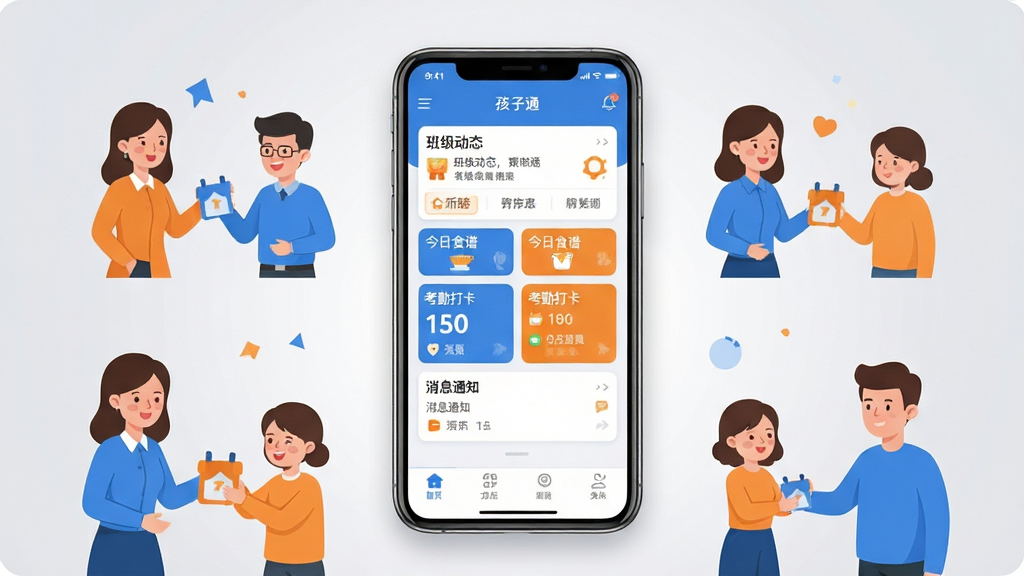孩子通软件主界面全貌展示,画面中央放置一部智能手机,手机屏幕上显示孩子通App的首页布局,包含班级动态、今日食谱、考勤打卡、消息通知等模块,手机周围环绕幼儿园老师与家长互动的卡通插画元素,整体布局采用居中构图,排版清晰有序,风格为扁平化现代科技风,色彩以蓝色和橙色为主色调,细节上手机屏幕内文字清晰可辨,背景为柔和的浅灰色渐变,画质高清,干净整洁,无多余元素