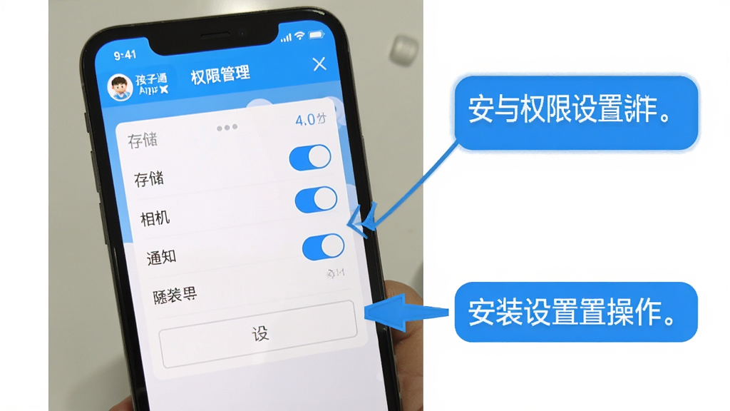 孩子通App安装与权限设置操作界面截图,画面中一部手机展示孩子通App的权限管理页面,包含存储、相机、通知等权限开关,旁边有箭头指向设置入口,布局采用手机界面加标注说明的形式,风格为简洁的UI教程风,色彩以白色和蓝色为主,细节上开关状态清晰,画质高清,干净整洁,无多余元素