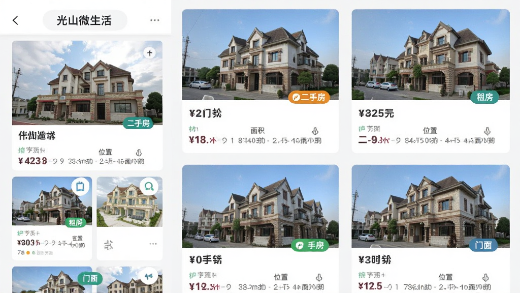 光山微生活应用内房产信息列表页面,主体为多套房源卡片展示,布局采用纵向列表,排版包含图片、价格、面积、位置信息,风格简洁明亮,细节包含二手房、租房、门面等标签,画质高清,干净,无多余元素