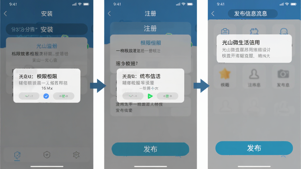 光山微生活应用在手机上的操作步骤示意图,主体为分步截图展示安装、注册、发布信息流程,布局采用纵向排列,排版包含箭头引导和文字说明,风格简洁直观,细节包含权限弹窗和发布按钮,画质高清,干净,无多余元素