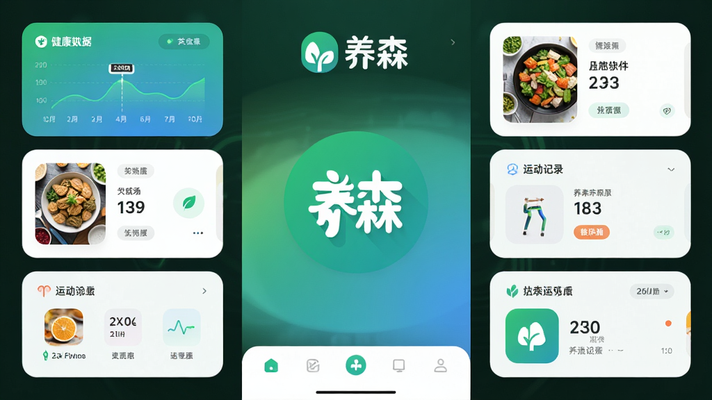 养森应用主界面展示,中心位置是养森软件标志,周围环绕健康数据图表、食谱卡片与运动记录模块,布局采用上下结构,上方为品牌标识,中部为功能卡片网格,底部为导航栏,排版整洁对称,风格为现代简约科技感,细节包含圆角图标、柔和渐变背景、清晰文字标签,画质高清,干净,无多余元素