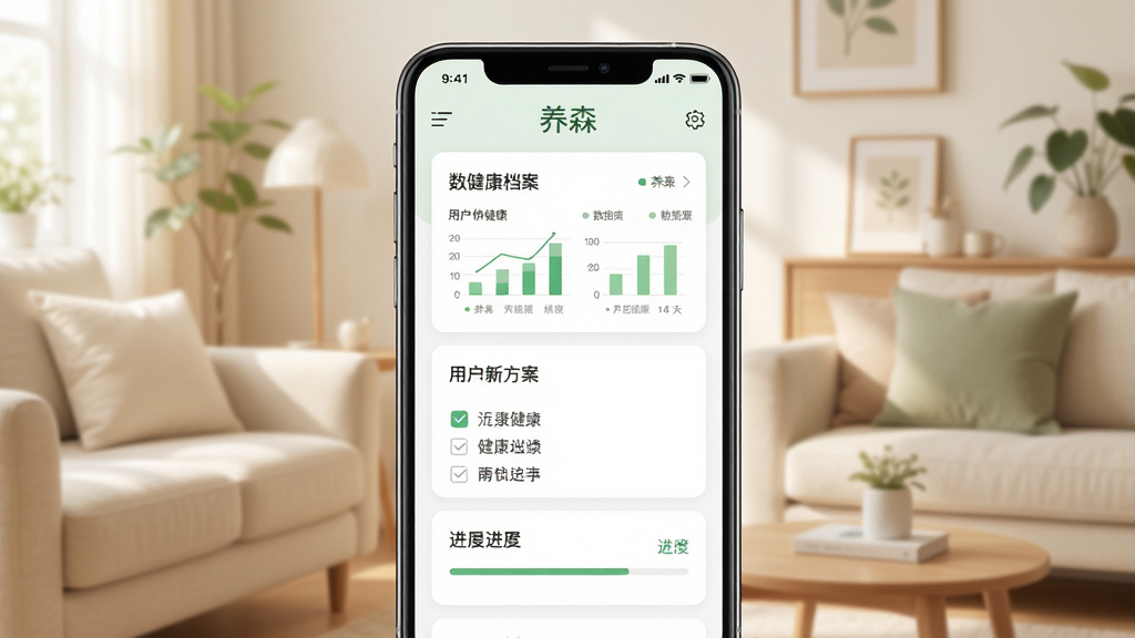 养森个性化健康方案界面,画面中央是手机屏幕,屏幕内显示用户健康档案与定制方案卡片,卡片上有“养森”文字标识,布局为居中展示,背景为淡雅生活场景,风格温馨实用,细节包括数据图表、勾选列表、进度条,画质清晰,干净,无多余元素