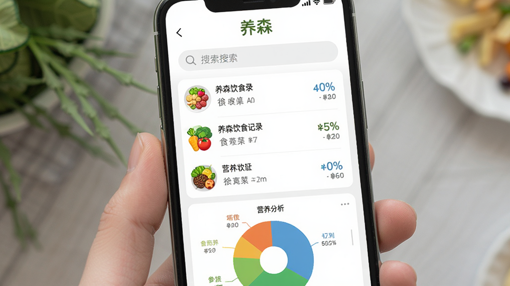 养森饮食记录页面,手机屏幕中展示食物列表与营养分析饼图,顶部有“养森”品牌字样,布局为上下分栏,上方为搜索框,中部为记录条目,下方为图表,风格清新健康,细节包括彩色食材图标、百分比标签,画质高清,干净,无多余元素