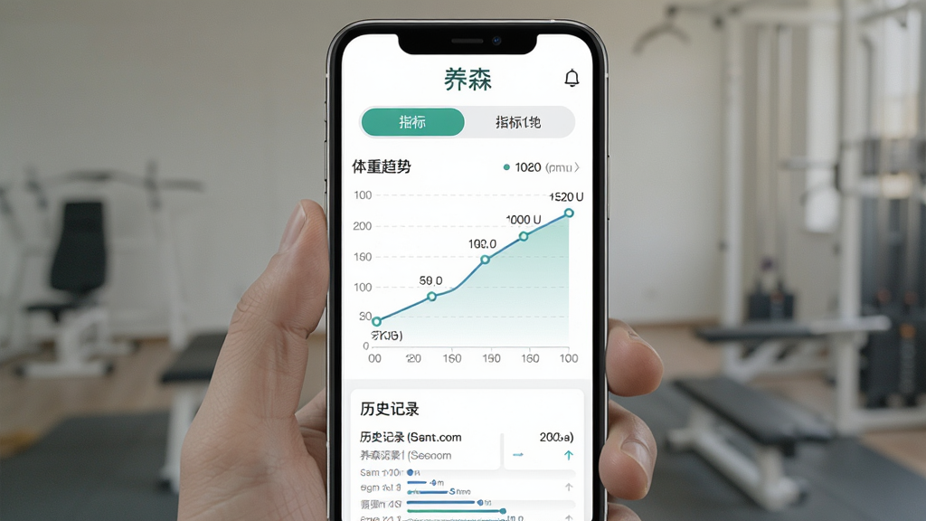 养森体态追踪界面,手机屏幕显示体重趋势折线图与围度数据卡片,界面顶部有“养森”标识,布局为纵向排列,上方为指标切换标签,中部为曲线图,下方为历史记录,风格专业简洁,细节包括坐标轴、数据点、单位标注,画质清晰,干净,无多余元素