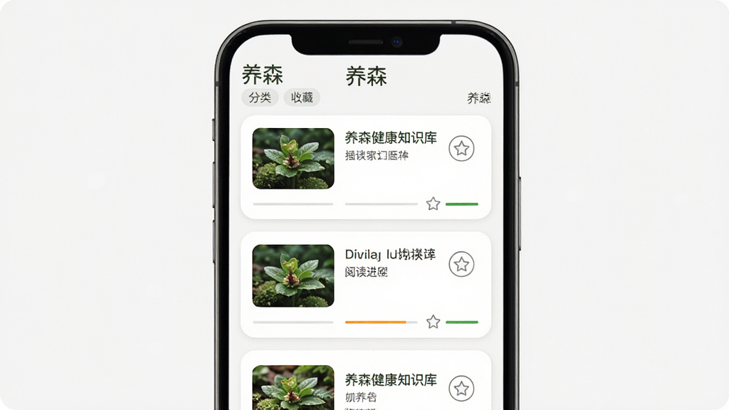 养森健康知识库页面,手机屏幕中展示图文列表,每篇文章配有小图与标题,顶部有“养森”文字,布局为瀑布流卡片,风格阅读友好,细节包括分类标签、收藏按钮、阅读进度,画质高清,干净,无多余元素