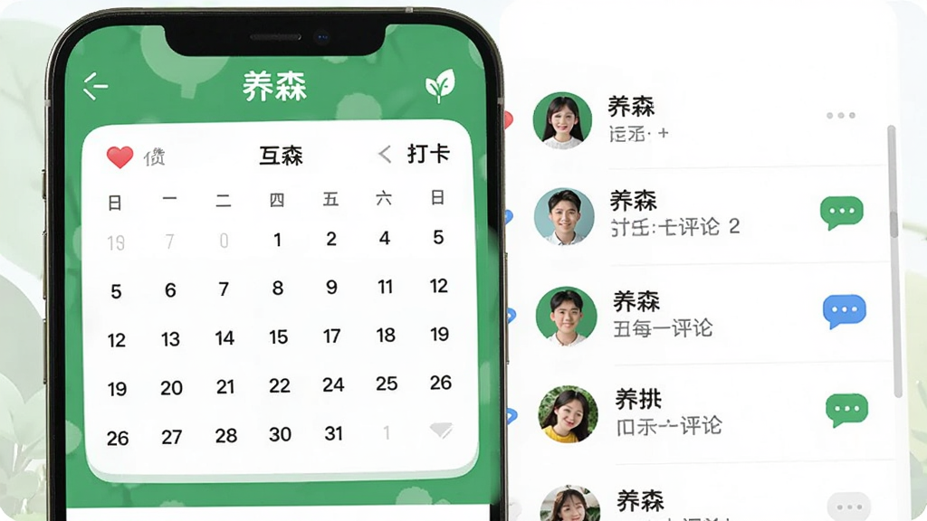 养森社区互动界面,手机屏幕显示打卡日历与用户动态列表,顶部有“养森”品牌,布局为左右分栏,左侧为日历,右侧为动态,风格社交活泼,细节包括头像、点赞图标、评论气泡,画质清晰,干净,无多余元素