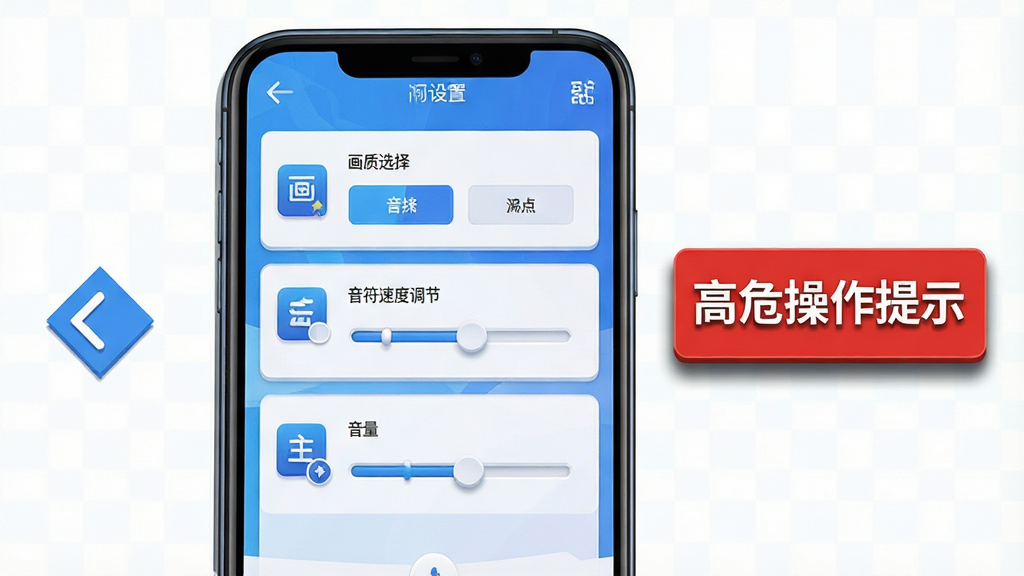 一张手机游戏安装设置界面的示意图,画面主体为一部智能手机屏幕中显示着游戏的设置菜单,菜单中包含画质选择、音符速度调节、音量控制等选项。布局采用手机界面居中展示,左侧有箭头指示操作步骤。排版在画面右侧有红色标注框写着
