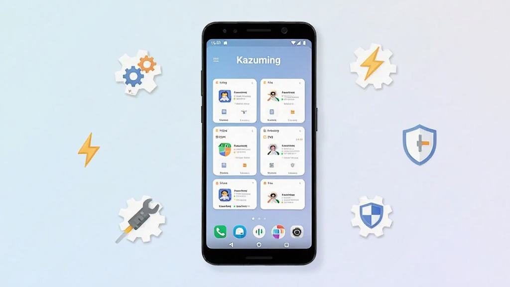 画面中央展示一部安卓手机,手机屏幕上显示“Kazuming”软件主界面,界面采用简洁的卡片式布局,背景为浅色渐变,手机周围环绕着齿轮、闪电、盾牌等小图标象征工具属性,整体风格清新现代,细节清晰,画质干净,无多余元素,横版构图