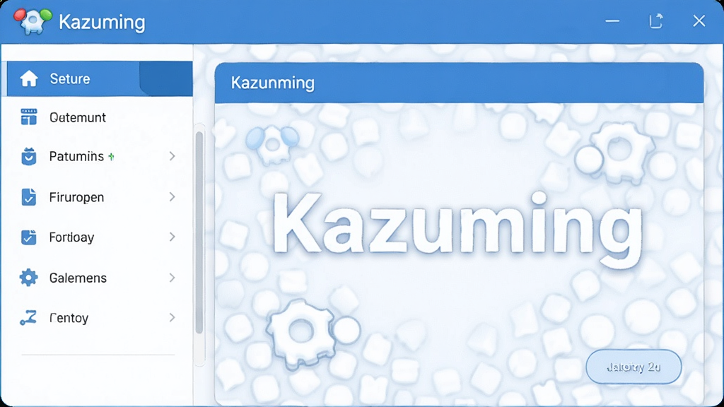 一张软件界面截图风格的插画,画面中展示“Kazuming”字样,界面布局简洁,左侧为功能导航栏,右侧为主内容区,整体配色以蓝白为主,风格清爽干净,细节精致,画质清晰,无多余元素