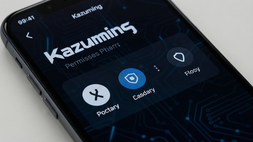 画面展示一部手机屏幕,屏幕上呈现“Kazuming”的权限管理界面,界面中仅显示少量必要权限图标,背景为深色主题,整体风格科技感十足,细节清晰,画质干净,无多余元素