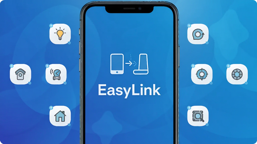 һ��չʾEasyLinkӦ�ó�����������ֻ���Ļ��ͼ������������������ӭҳ������Ϊ�Ƽ�����ɫ���䣬ҳ�������а�ɫ��EasyLink�����ͼ�Լ���豸����ͼ�꣬��Χ���������ܼҾ��豸Сͼ�꣬���ּ�࣬�Ű���У�����ִ��Ƽ��У�ϸ�����������ʸ��壬�ɾ����޶���Ԫ��