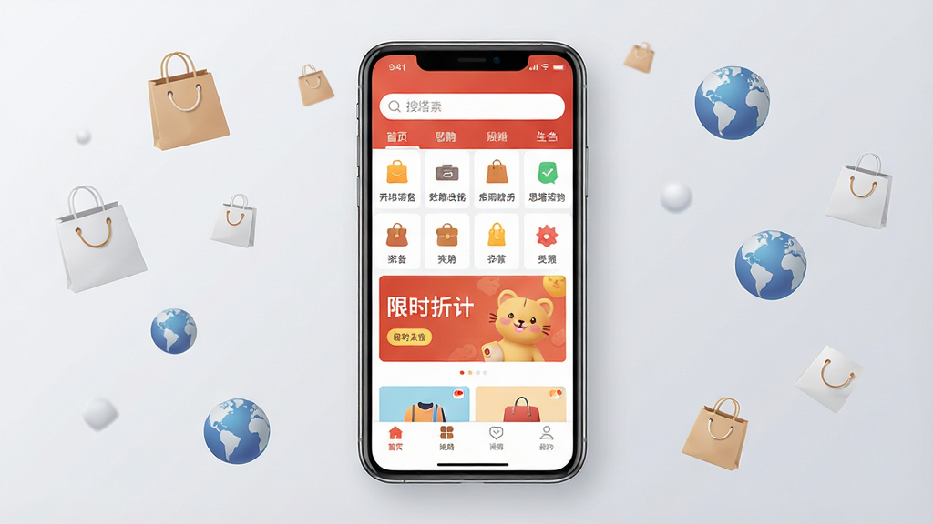 һ��չʾ˼���ƶ���Ӧ���������Ч��ͼ�������������һ�������ֻ����ֻ���Ļ��ʾ˼��APP��ҳ��ҳ�涥�������������в�Ϊ��Ʒ����ͼ������ʱ�ۿۺ�����ײ�Ϊ�����˵������ֻ�����Ϊǳ��ɫ���䣬��Χɢ����������������ͼ��Ԫ�أ����岼�־��жԳƣ�������ִ���ϸ�����������ʸɾ����޶���Ԫ�أ�4K�ֱ���