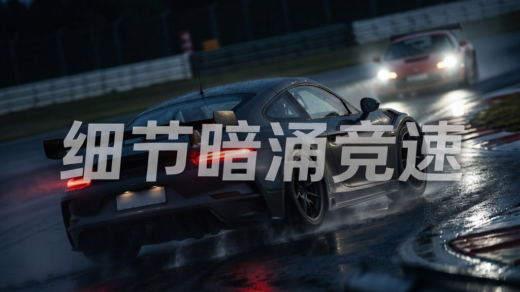雨夜赛道上,一辆跑车正在通过弯道,车身溅起水花,后方有模糊的对手车辆灯光,画面中央浮现“细节暗涌竞速”半透明字样,布局为对角线动态构图,风格偏电影感暗调,细节突出雨滴与轮胎水雾,画质高清,干净无多余文字