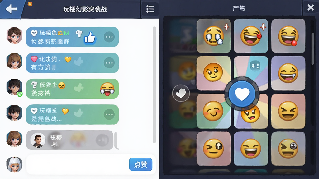 玩梗幻影突袭战社交互动界面图,主体为游戏聊天面板和表情包选择轮盘,布局采用左右分栏,左侧为聊天记录,右侧为表情包网格,排版直观,风格为游戏内UI截图,细节包括“点赞”按钮、搞笑表情图标、玩家头像,画质清晰干净,无多余元素
