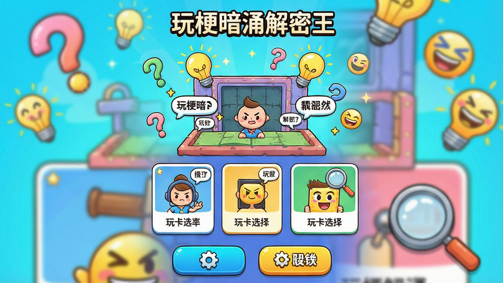 一款名为“玩梗暗涌解密王”的手机应用主界面展示图,画面中央是明亮的卡通风格解谜场景,背景有漂浮的问号、灯泡和表情包元素,整体布局为上中下结构,顶部显示应用名称“玩梗暗涌解密王”,中部为关卡选择卡片,底部为功能按钮,风格活泼幽默,色彩鲜艳明快,细节包含梗文字气泡和放大镜道具,画质清晰,干净整洁,无多余元素