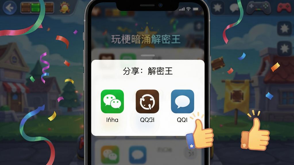一幅展示“玩梗暗涌解密王”社交分享功能的界面图,画面主体是手机屏幕弹出分享面板,面板上有微信、QQ等图标,屏幕后方隐约可见游戏通关庆祝特效,布局为弹出层覆盖在游戏界面上,风格为现代扁平化,细节包含彩带和点赞手势,画质清晰,干净,无多余元素