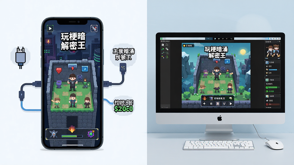 一幅展示“玩梗暗涌解密王”在手机和电脑模拟器上同时运行的对比图,画面左侧是手机竖屏显示游戏关卡,右侧是电脑屏幕通过模拟器运行同一游戏,布局为左右对比,风格为科技感扁平插画,细节包含数据线连接图标和性能参数标签,画质清晰,干净,无多余元素